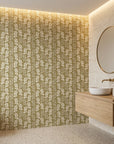 Harvest Sprig warm olive botanical wallpaper creating ambiance in a serene bathroom
