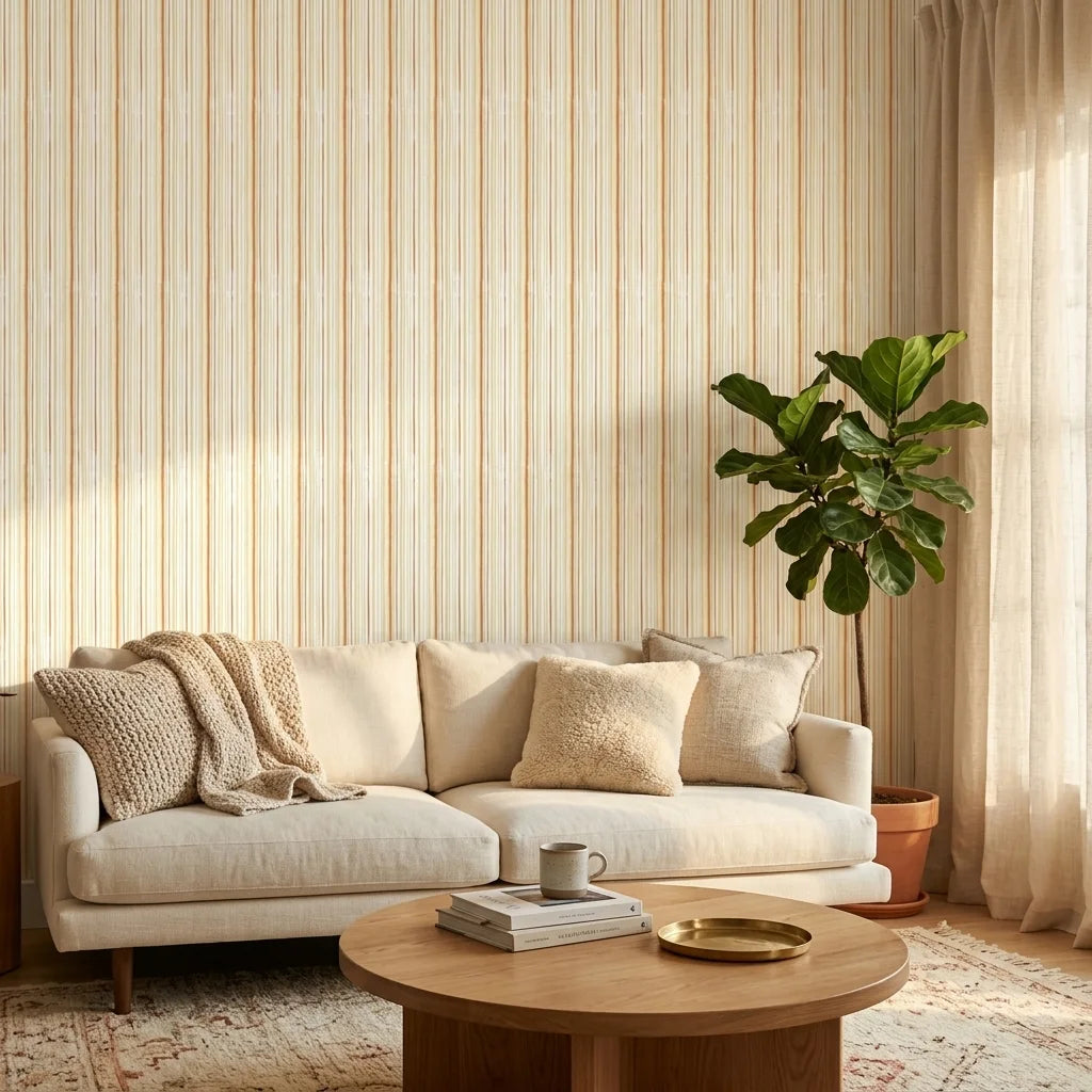 Harvest Stripe rustic orange stripe wallpaper in a warm and inviting living room