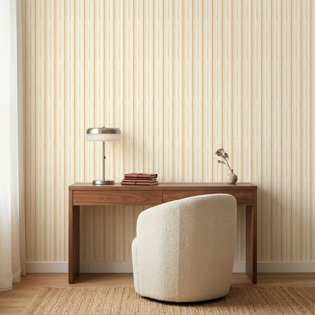 Harvest Stripe rustic orange stripe wallpaper as a feature wall in a bright home office