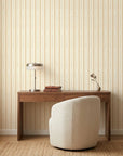 Harvest Stripe rustic orange stripe wallpaper as a feature wall in a bright home office