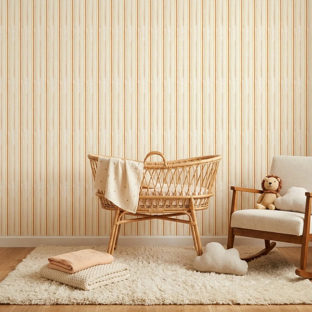 Harvest Stripe rustic orange stripe wallpaper bringing warmth to a peaceful nursery