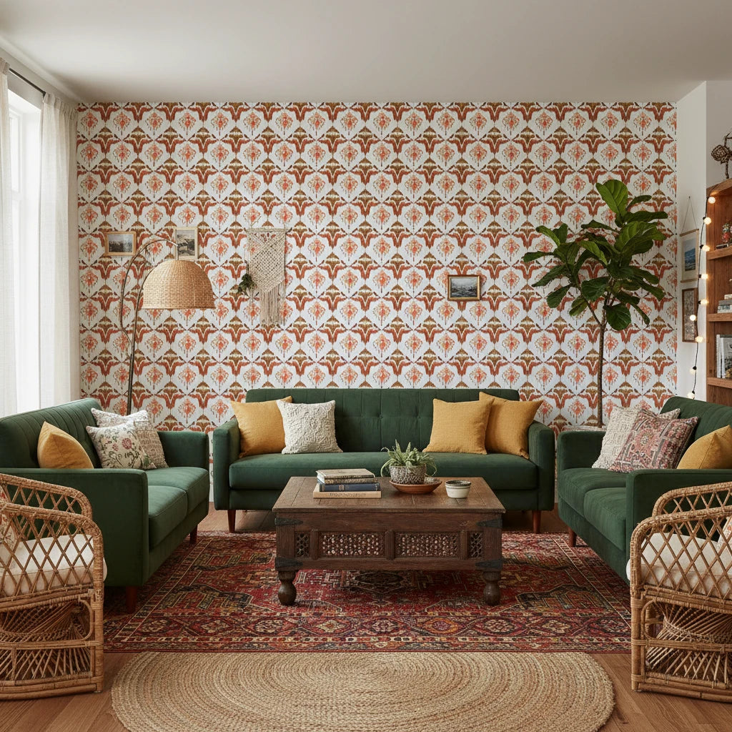 Harvest Glow Ikat bold amber tribal wallpaper in a warm and inviting living room
