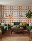 Harvest Glow Ikat bold amber tribal wallpaper in a warm and inviting living room