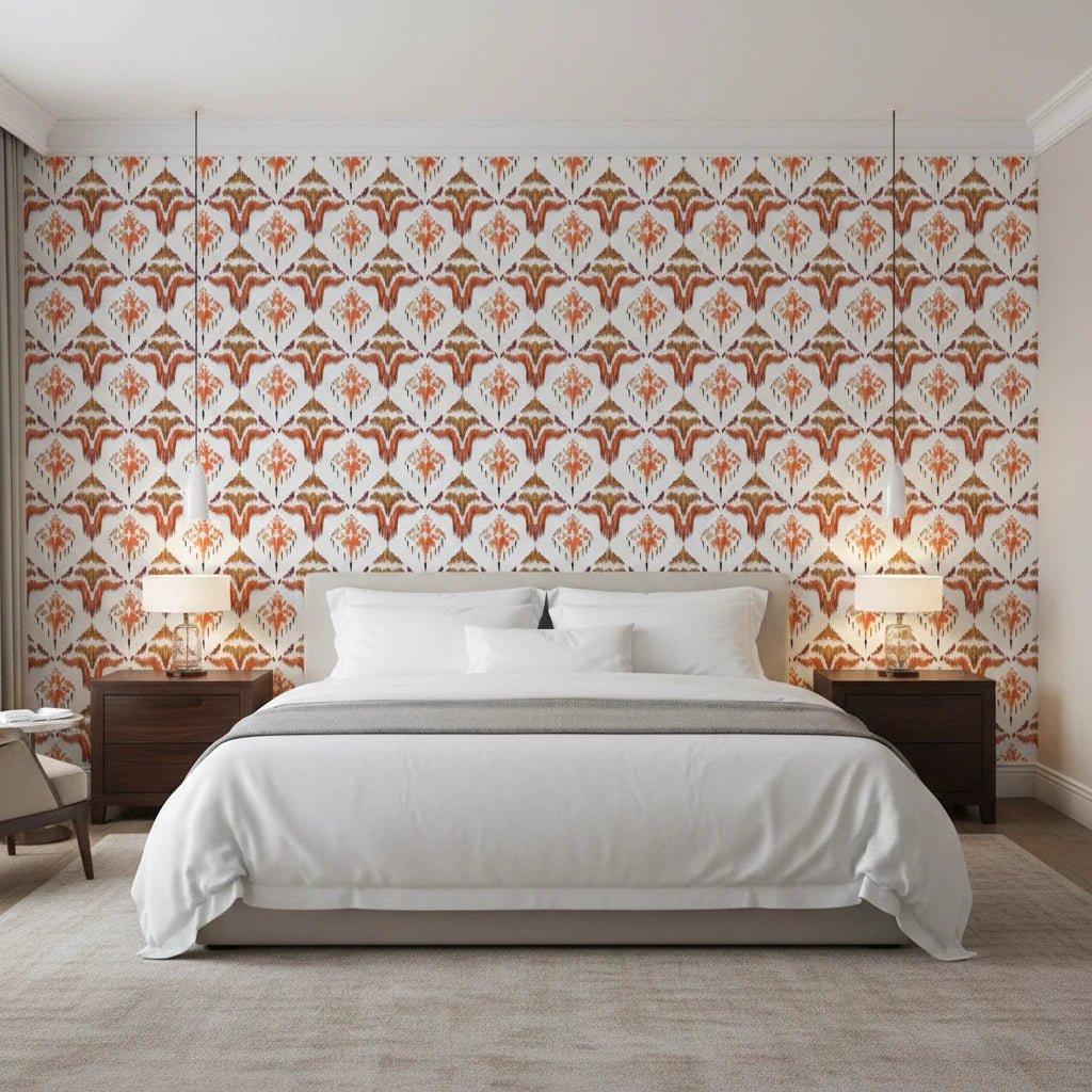 Harvest Glow Ikat bold amber tribal wallpaper adding character to a cozy bedroom