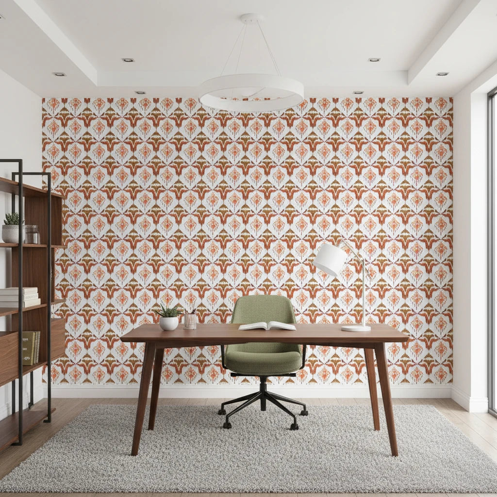 Harvest Glow Ikat bold amber tribal wallpaper as a feature wall in a bright home office