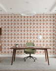 Harvest Glow Ikat bold amber tribal wallpaper as a feature wall in a bright home office