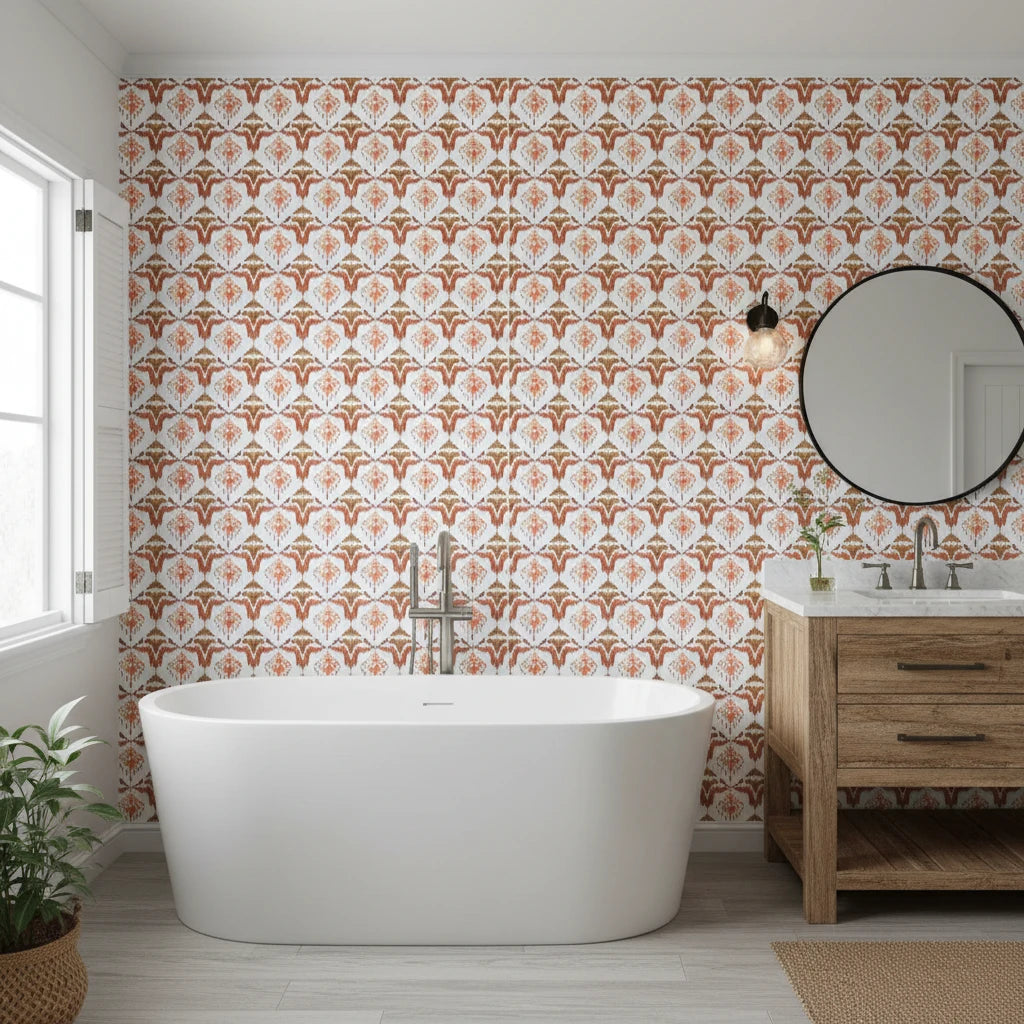 Harvest Glow Ikat bold amber tribal wallpaper creating ambiance in a serene bathroom