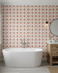Harvest Glow Ikat bold amber tribal wallpaper creating ambiance in a serene bathroom
