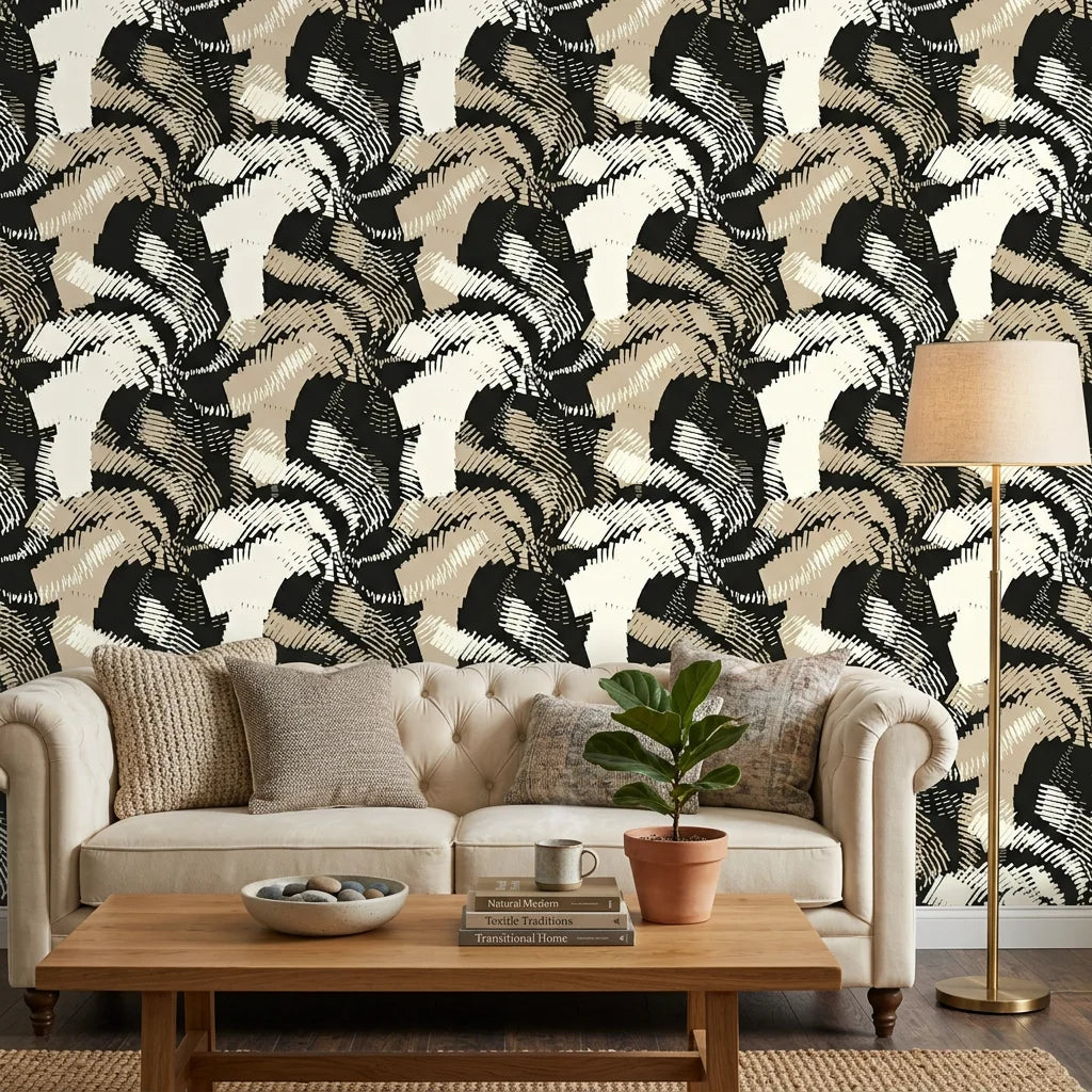 Hatch Echoes neutral beige abstract brush stroke wallpaper in a warm and inviting living room