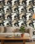 Hatch Echoes neutral beige abstract brush stroke wallpaper in a warm and inviting living room