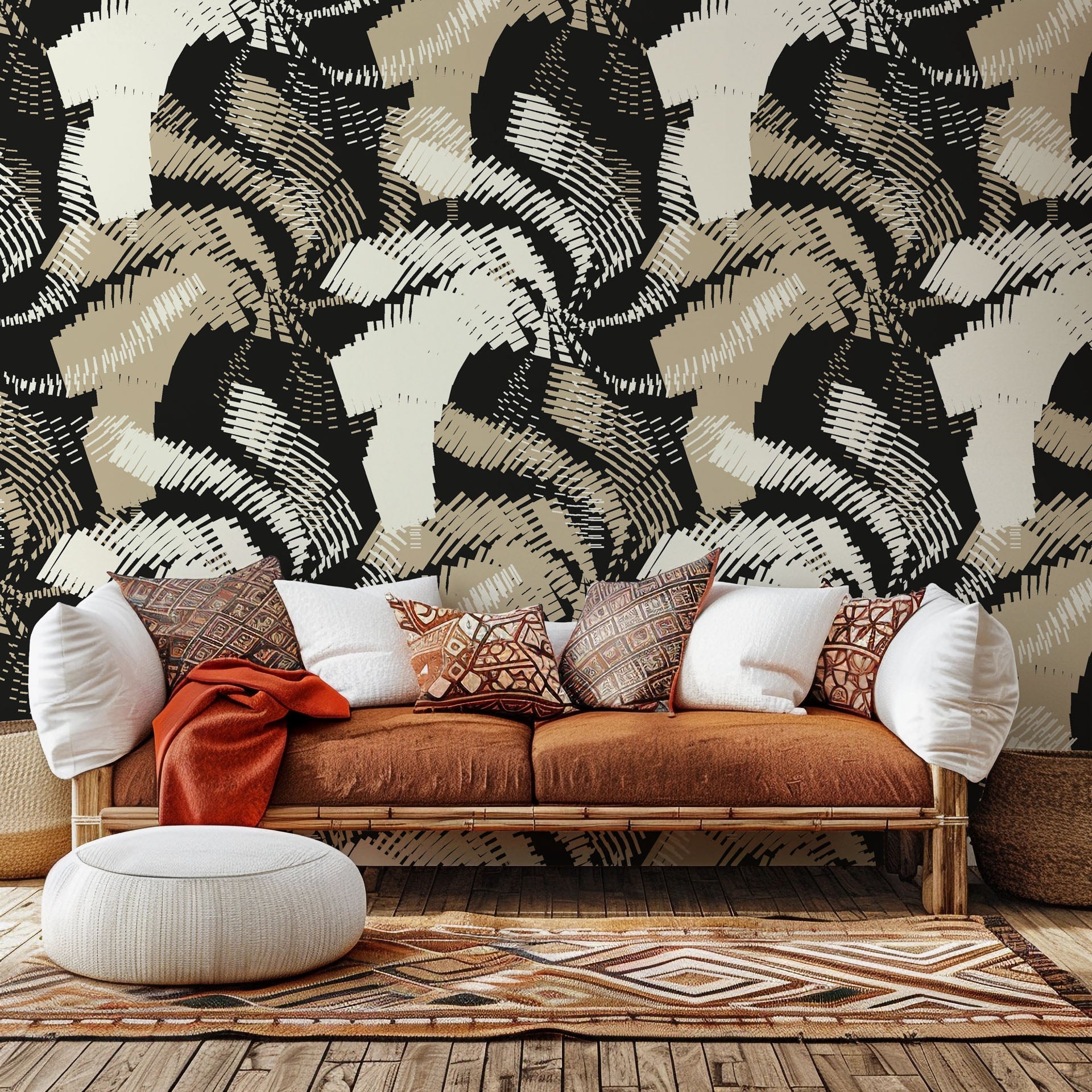 Beige and black abstract wall covering featuring geometric hatched lines from the 'Hatch Echoes' collection