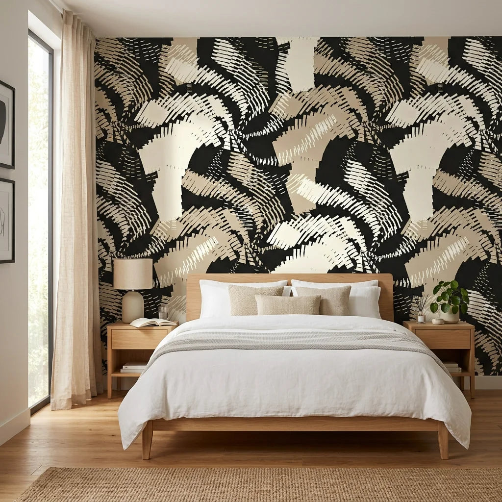 Hatch Echoes neutral beige abstract brush stroke wallpaper adding character to a cozy bedroom