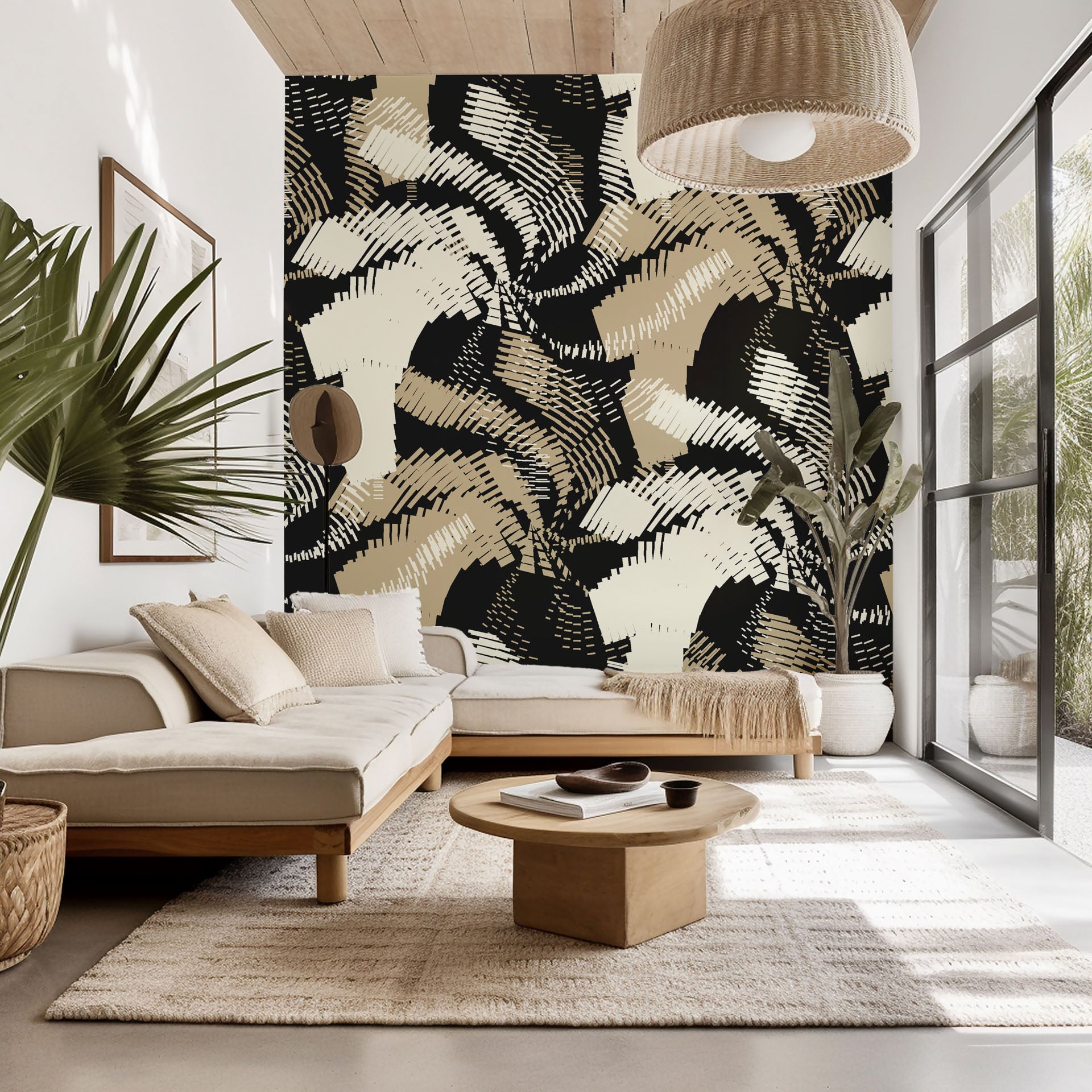 Abstract geometric wallpaper featuring hatched black and beige lines