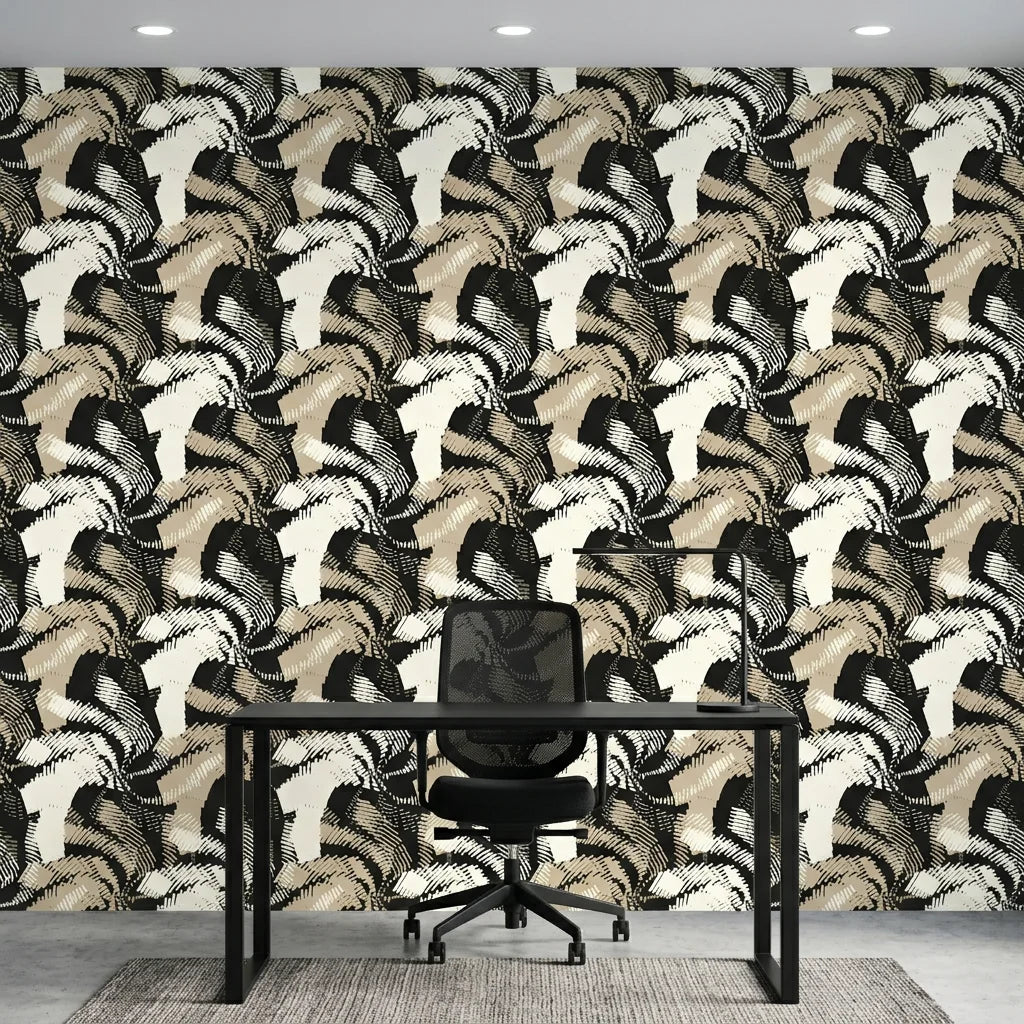 Hatch Echoes neutral beige abstract brush stroke wallpaper as a feature wall in a bright home office