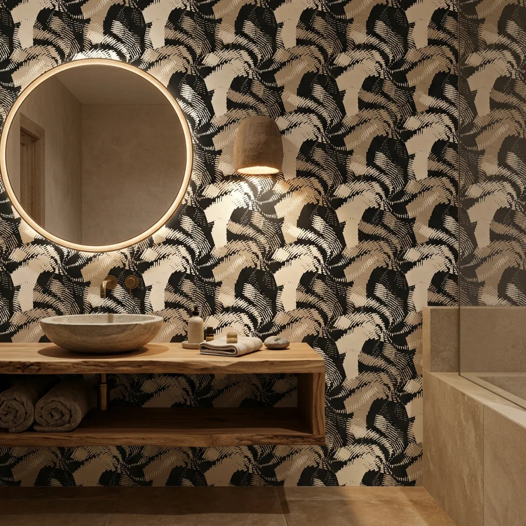Hatch Echoes neutral beige abstract brush stroke wallpaper creating ambiance in a serene bathroom