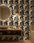 Hatch Echoes neutral beige abstract brush stroke wallpaper creating ambiance in a serene bathroom