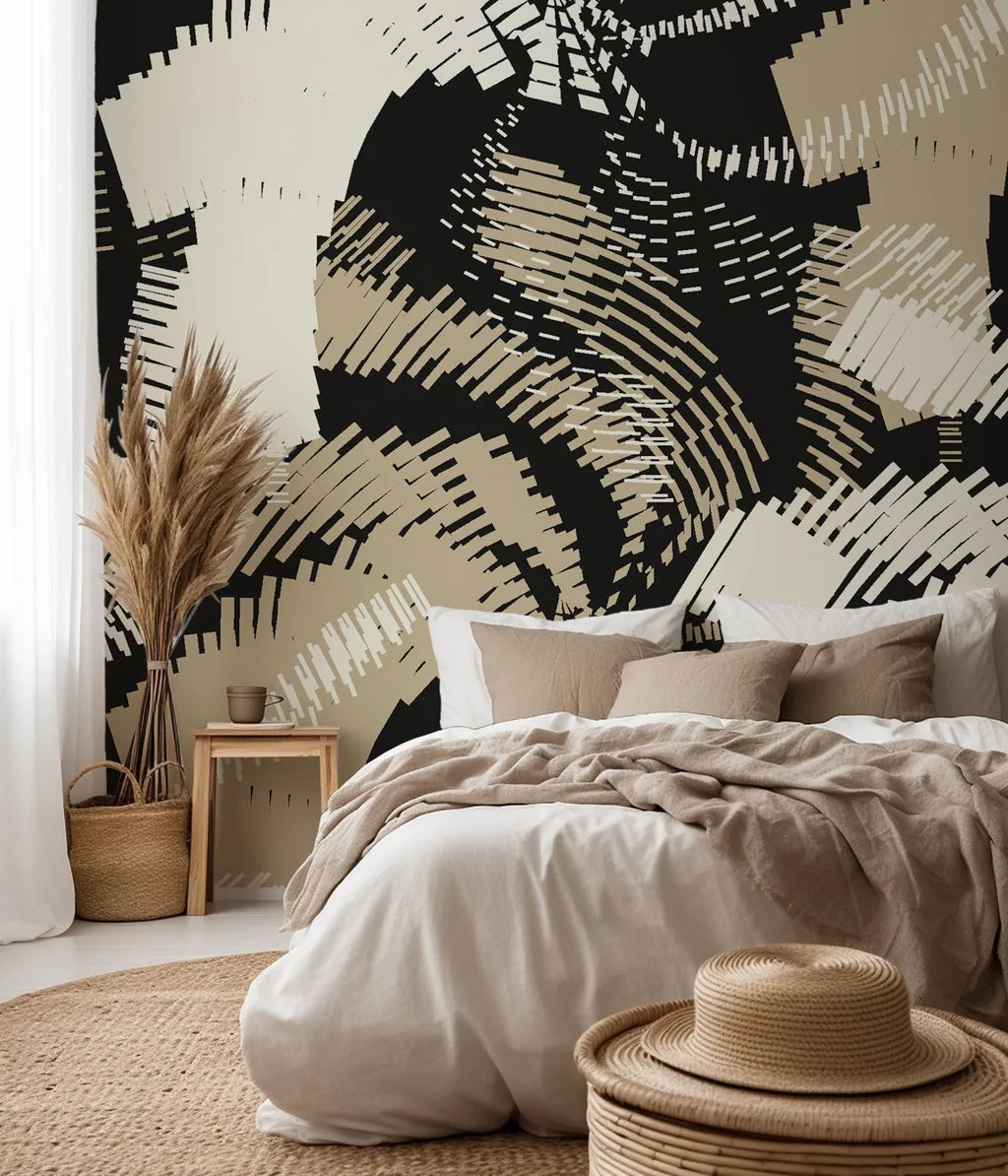 Geometric wallpaper featuring abstract hatched lines in black and beige.
