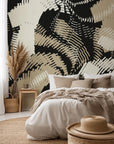Geometric wallpaper featuring abstract hatched lines in black and beige.
