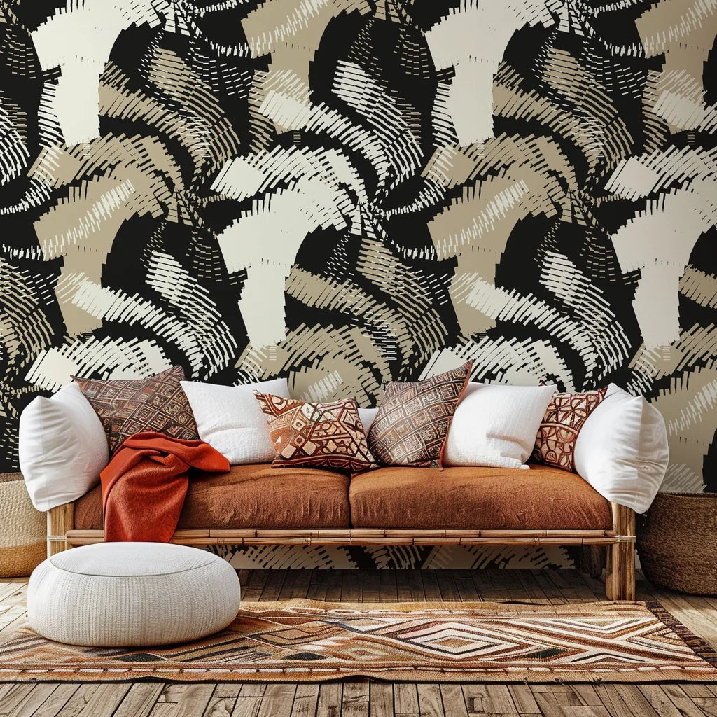Beige and black abstract wall covering featuring geometric hatched lines from the 'Hatch Echoes' collection