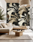 Abstract geometric wallpaper featuring hatched black and beige lines