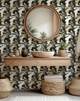 Beige and black abstract wallpaper displaying geometric, finely drawn hatched lines (Hatch Echoes design)