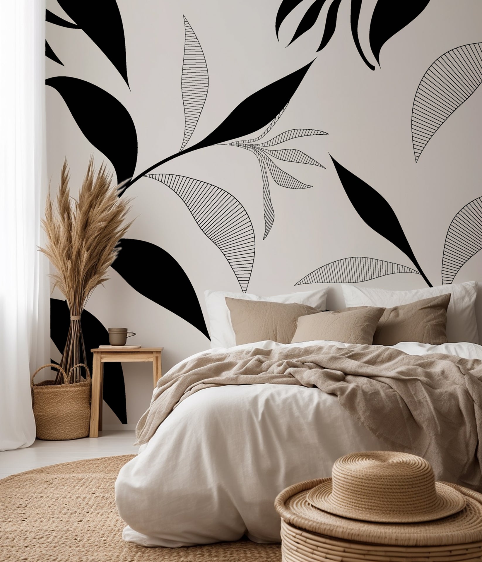 Abstract botanical wallpaper with flowing black leaves and fine line drawn foliage on a warm ivory background.