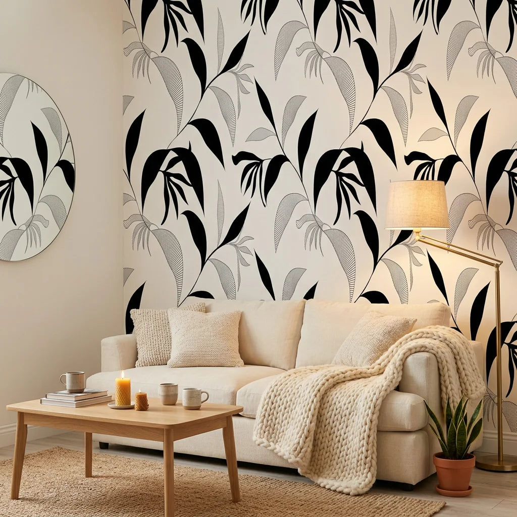 Hatched Frond earthy botanical wallpaper in a warm and inviting living room