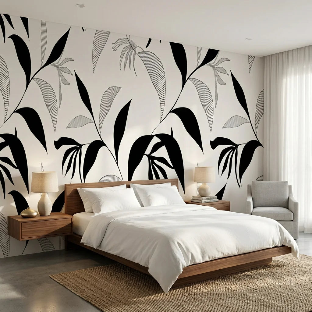 Hatched Frond earthy botanical wallpaper adding character to a cozy bedroom