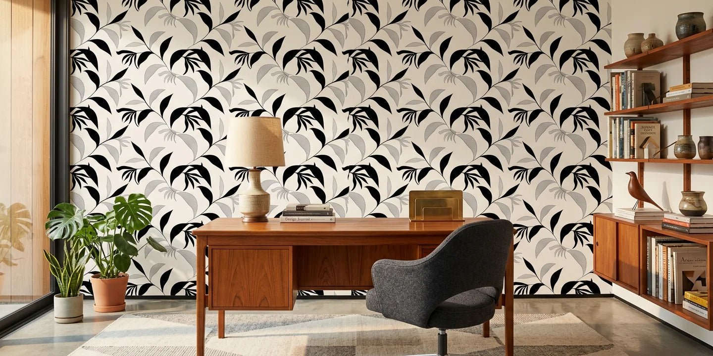Hatched Frond earthy botanical wallpaper as a feature wall in a bright home office