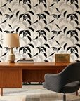 Hatched Frond earthy botanical wallpaper as a feature wall in a bright home office