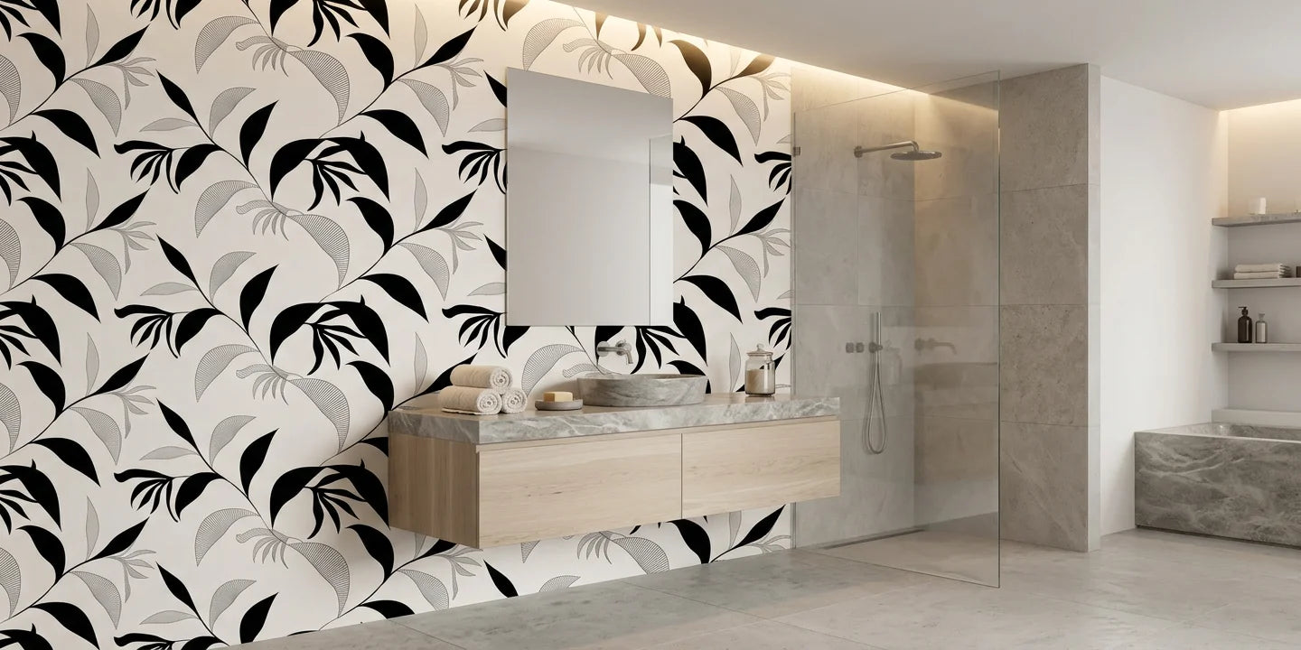 Hatched Frond earthy botanical wallpaper creating ambiance in a serene bathroom