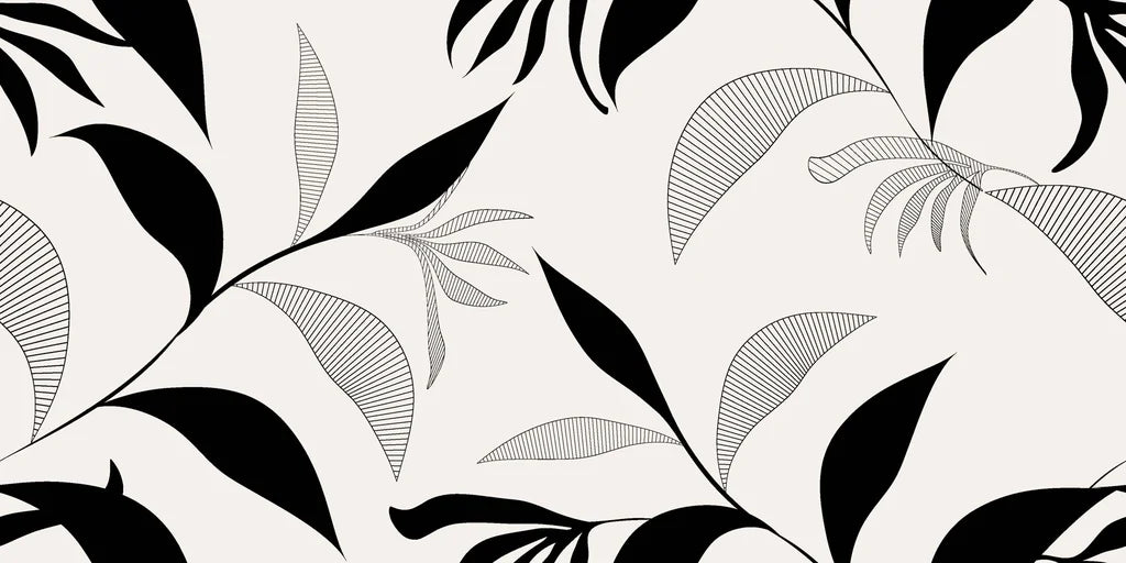 Sweeping black foliage and delicately sketched plant outlines compose this abstract wall covering on a creamy off-white backdrop.
