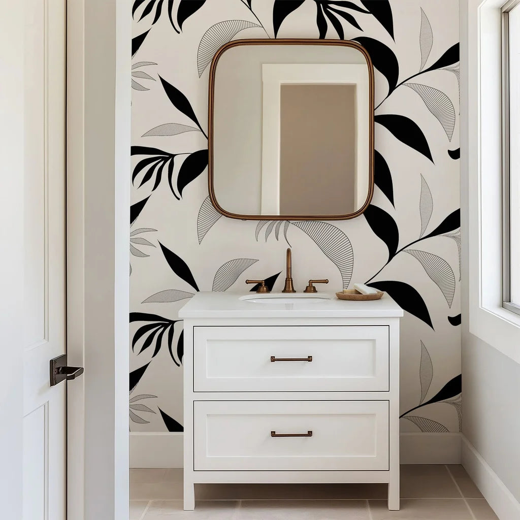 Stylized botanical wall covering with delicately sketched, flowing black leaves on an off-white, warm-toned backdrop