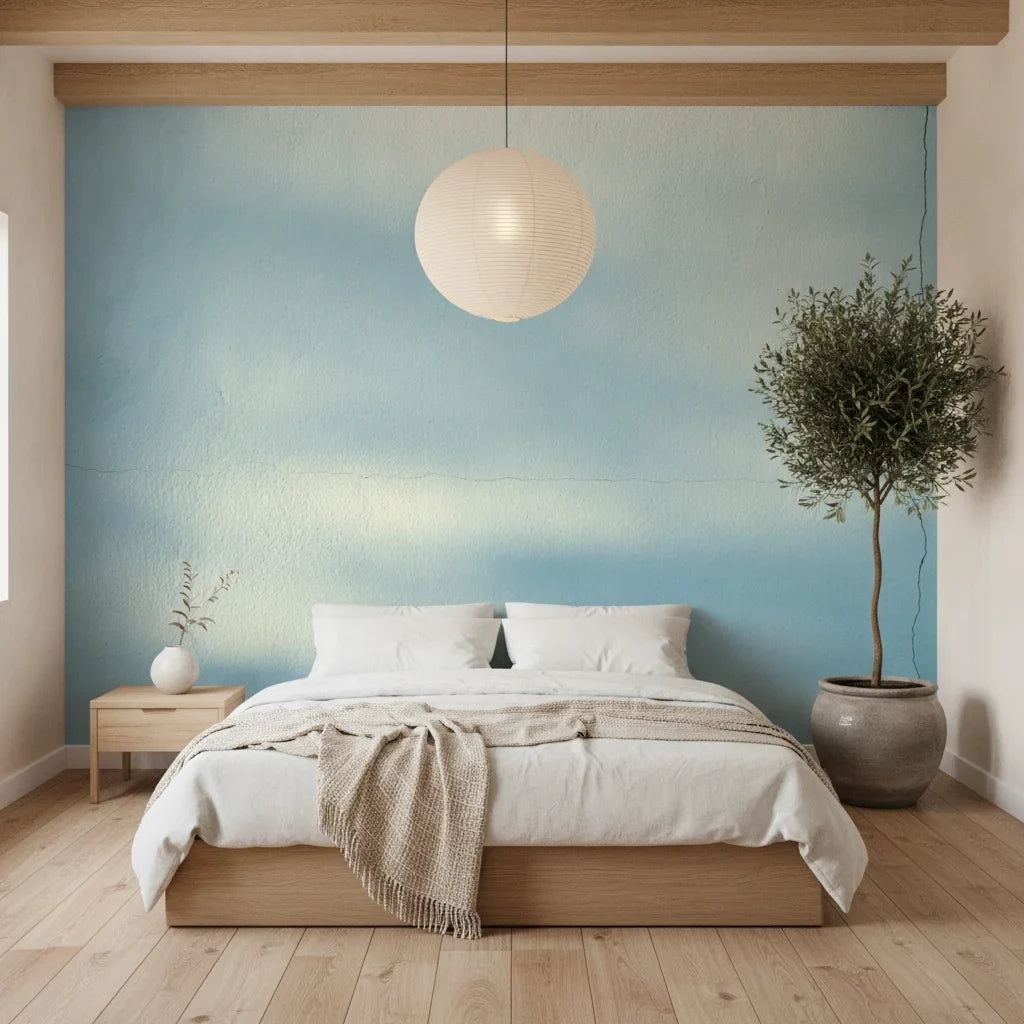 Hazy Plaster serene blue and white abstract in a warm and inviting living room