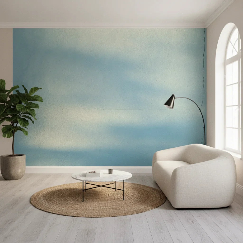 Hazy Plaster serene blue and white abstract adding character to a cozy bedroom