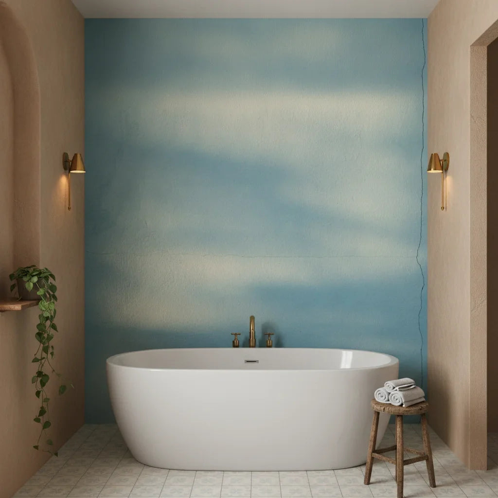 Hazy Plaster serene blue and white abstract as a feature wall in a bright home office