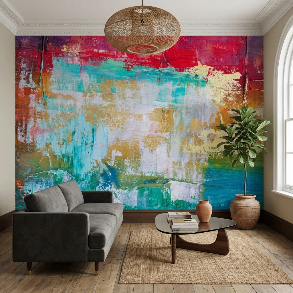 Textured vibrant red and teal abstract painterly peel and stick wallpaper - Heat & Tide
