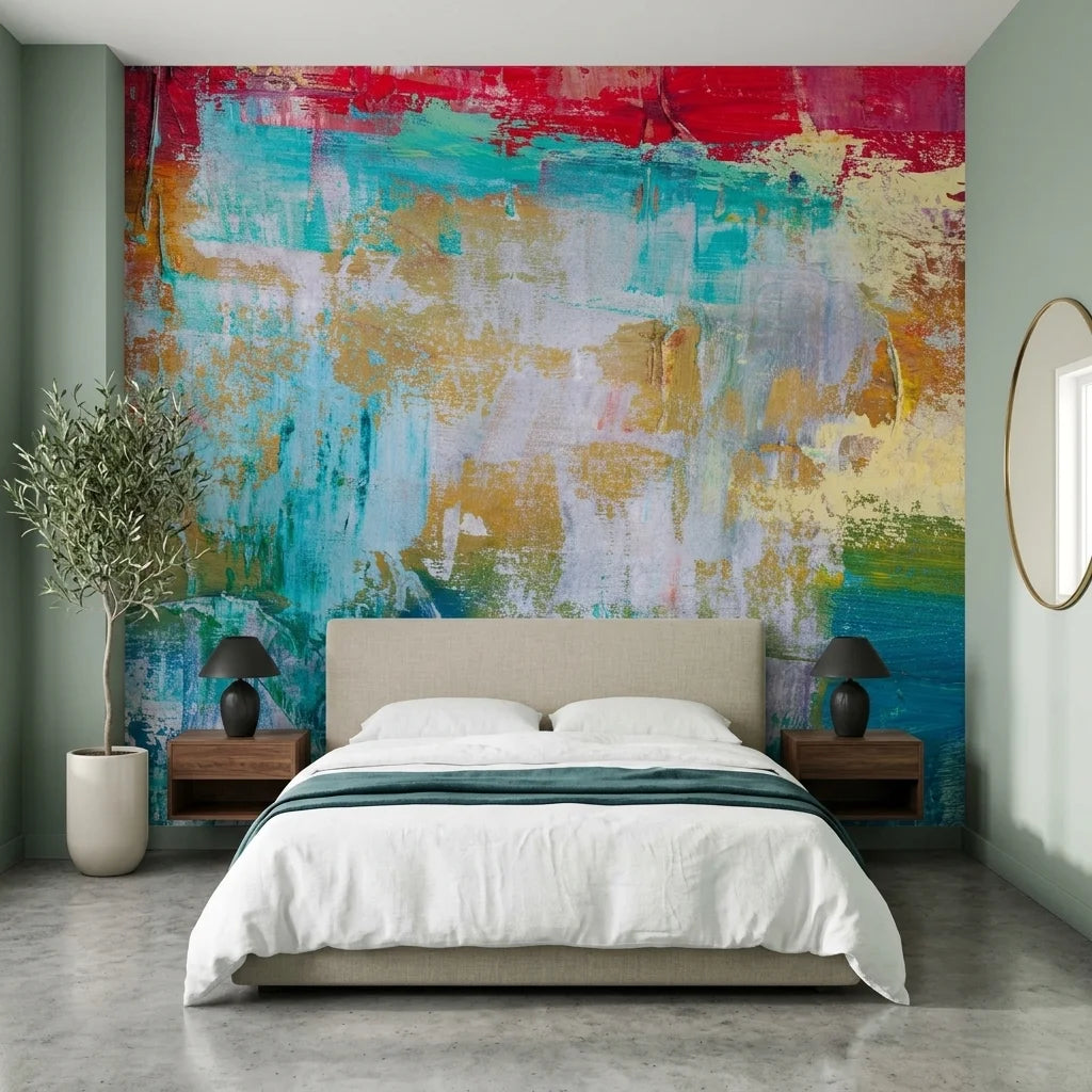Heat & Tide vibrant red and teal abstract wallpaper in a warm and inviting living room