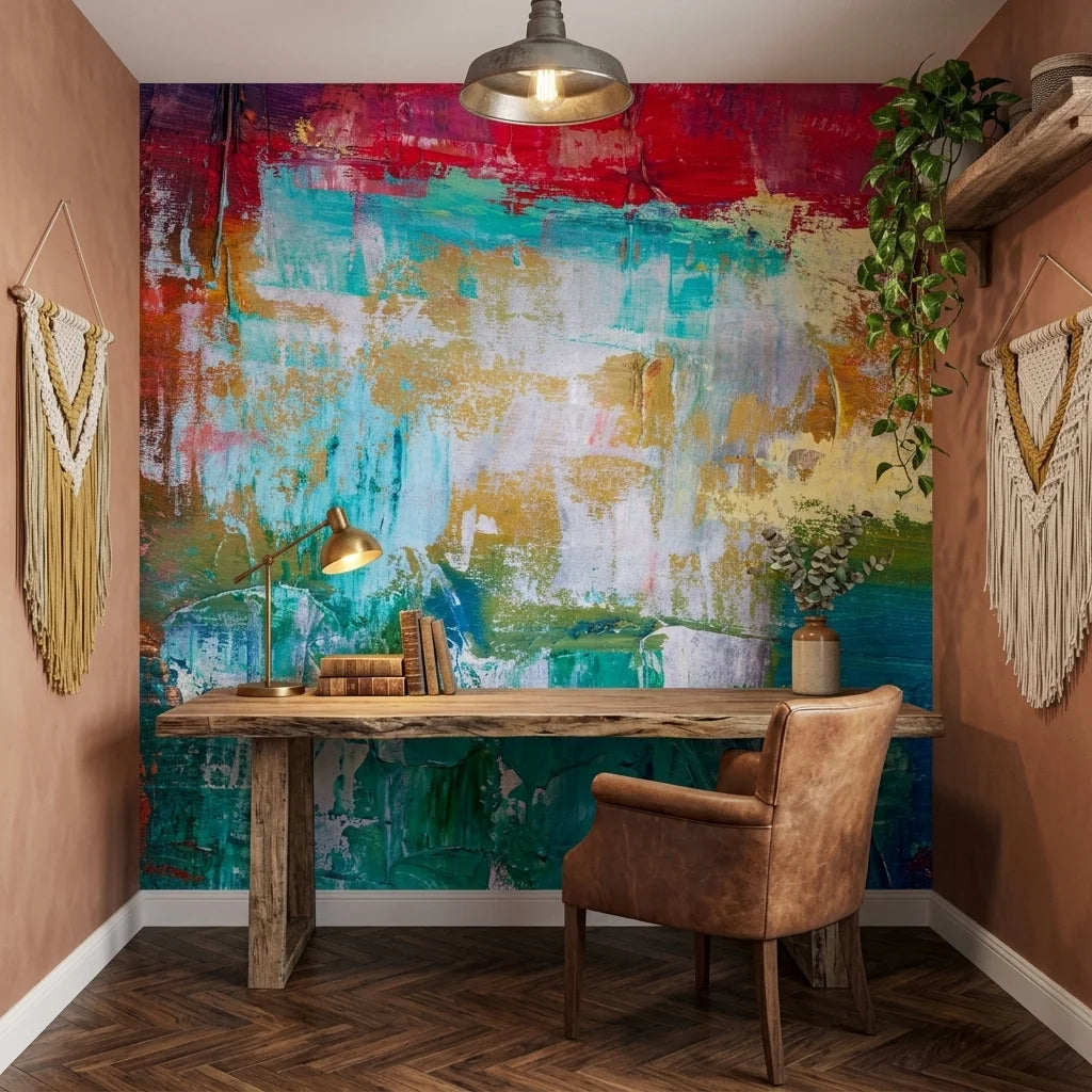 Heat & Tide vibrant red and teal abstract wallpaper adding character to a cozy bedroom