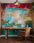 Heat & Tide vibrant red and teal abstract wallpaper adding character to a cozy bedroom