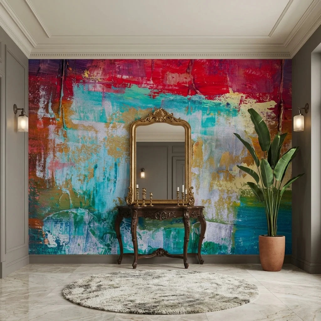 Heat & Tide vibrant red and teal abstract wallpaper as a feature wall in a bright home office
