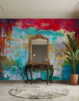 Heat & Tide vibrant red and teal abstract wallpaper as a feature wall in a bright home office