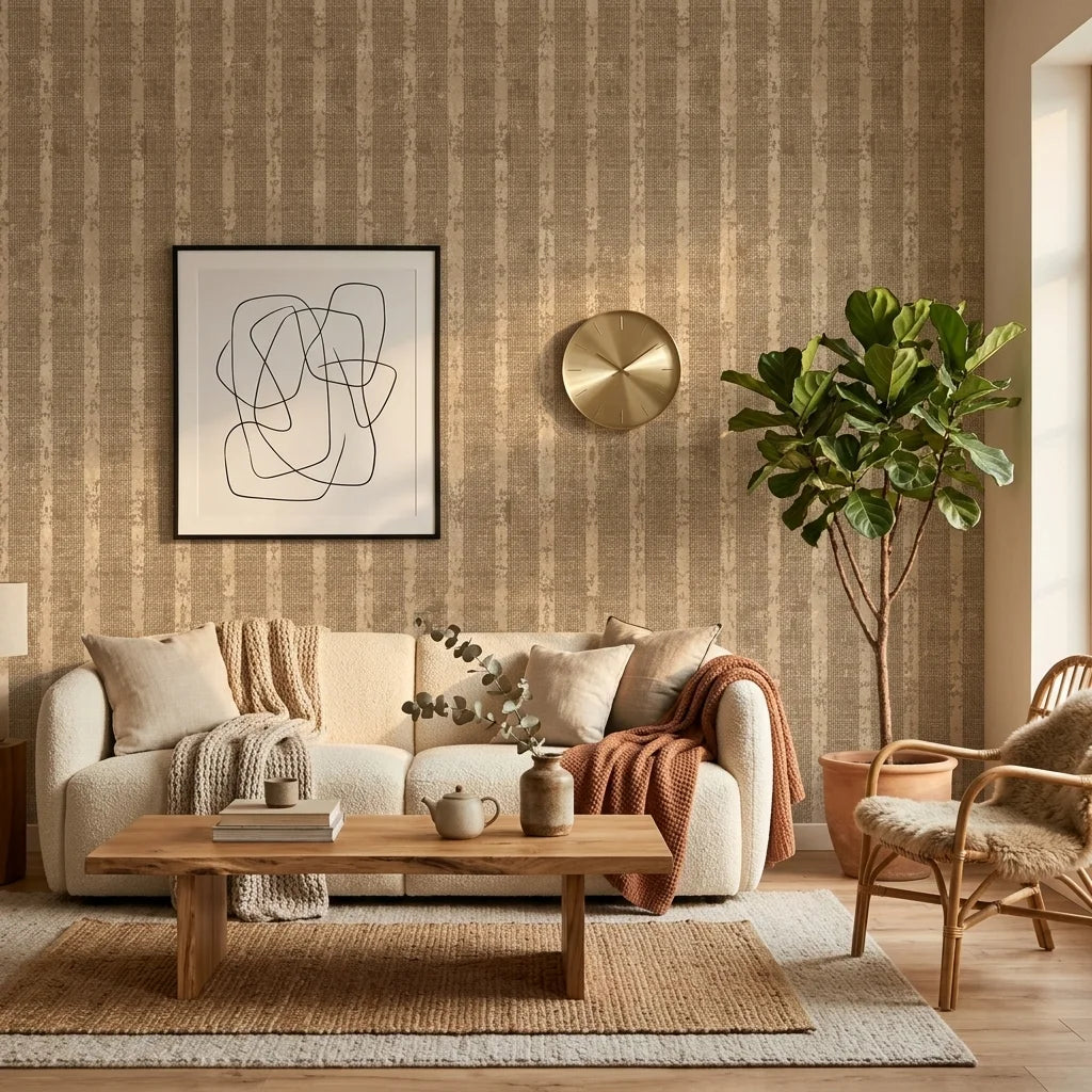 Heather Cross neutral textured stripe wallpaper in a warm and inviting living room