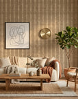 Heather Cross neutral textured stripe wallpaper in a warm and inviting living room