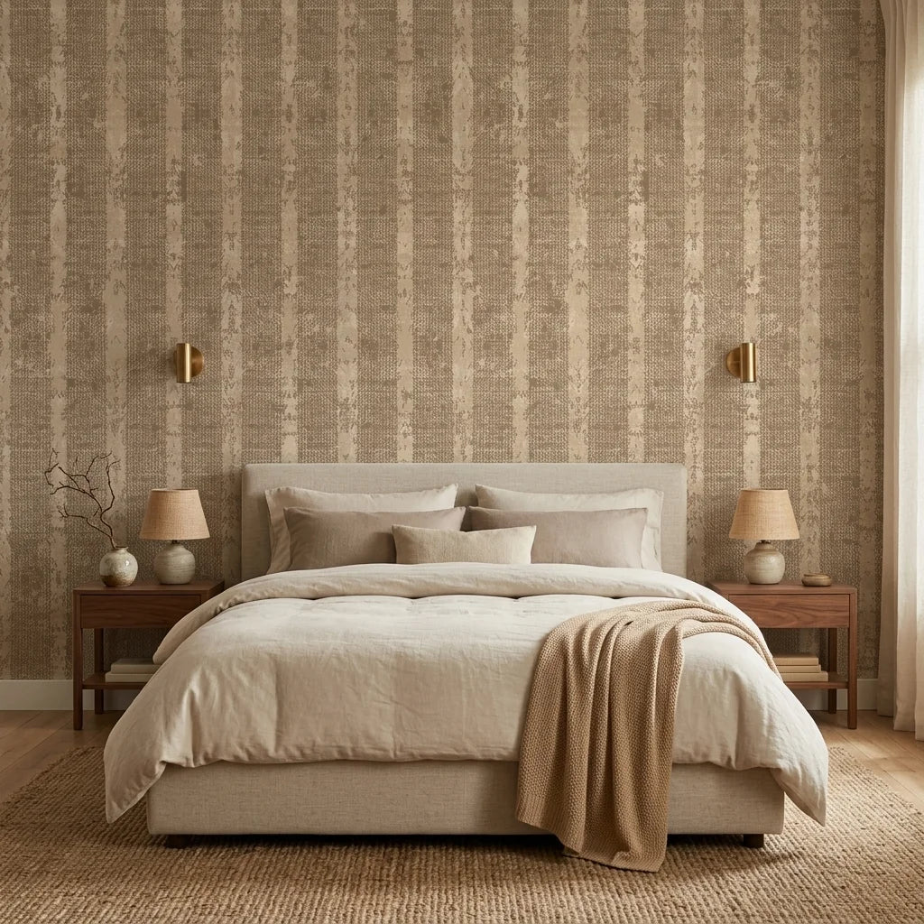 Heather Cross neutral textured stripe wallpaper adding character to a cozy bedroom