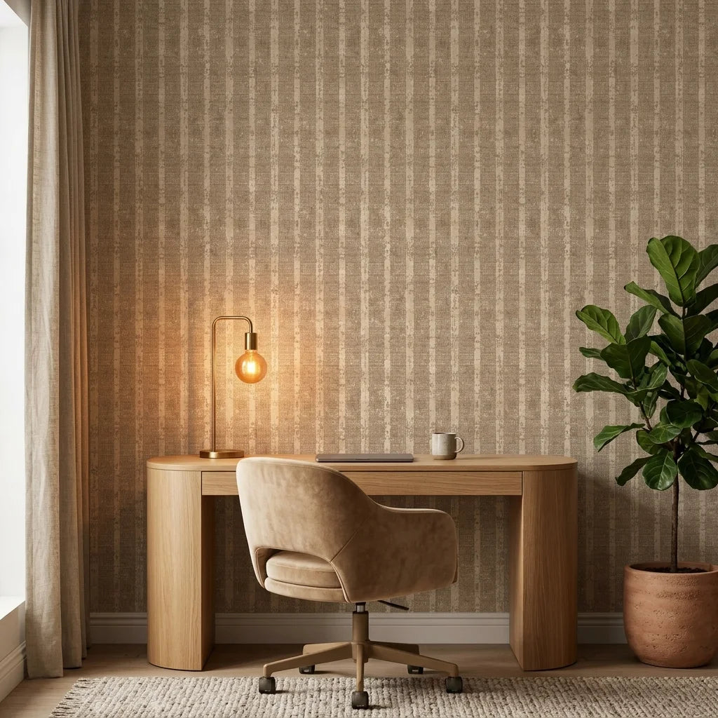 Heather Cross neutral textured stripe wallpaper as a feature wall in a bright home office