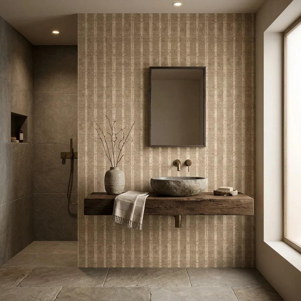 Heather Cross neutral textured stripe wallpaper creating ambiance in a serene bathroom