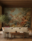 Classical Rococo Heavenly Gathering mural wallpaper featuring angels and cherubs in soft blue and coral tones