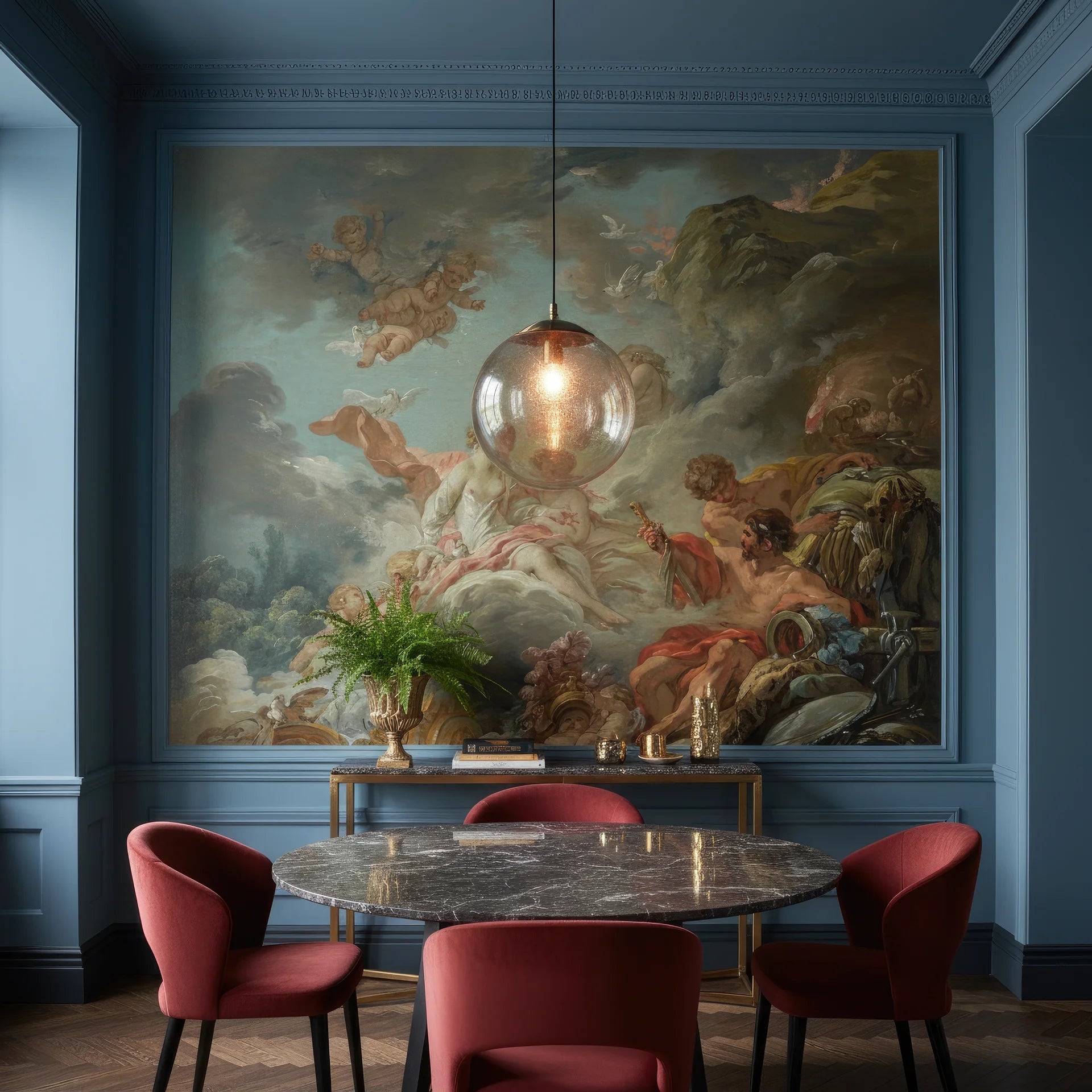 Classical Rococo Heavenly Gathering mural wallpaper featuring cherubs and clouds in blue-grey dining room setting