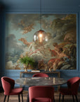 Classical Rococo Heavenly Gathering mural wallpaper featuring cherubs and clouds in blue-grey dining room setting